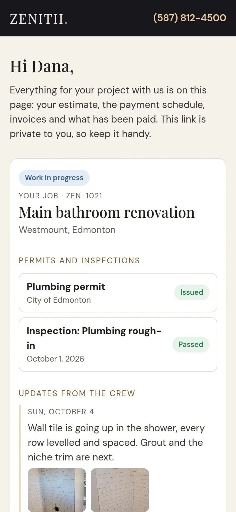 The client job page on a phone: permits and inspections with their status, and the crew’s update for the day with photos