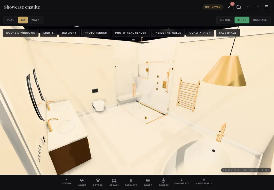 Our 3D designer on a tablet: a walnut double vanity, a wall-hung toilet, a glass walk-in shower and a freestanding tub