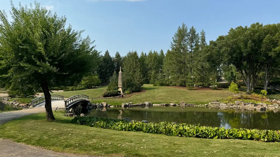 Gardens and a pond at the University of Alberta Botanic Garden near Devon