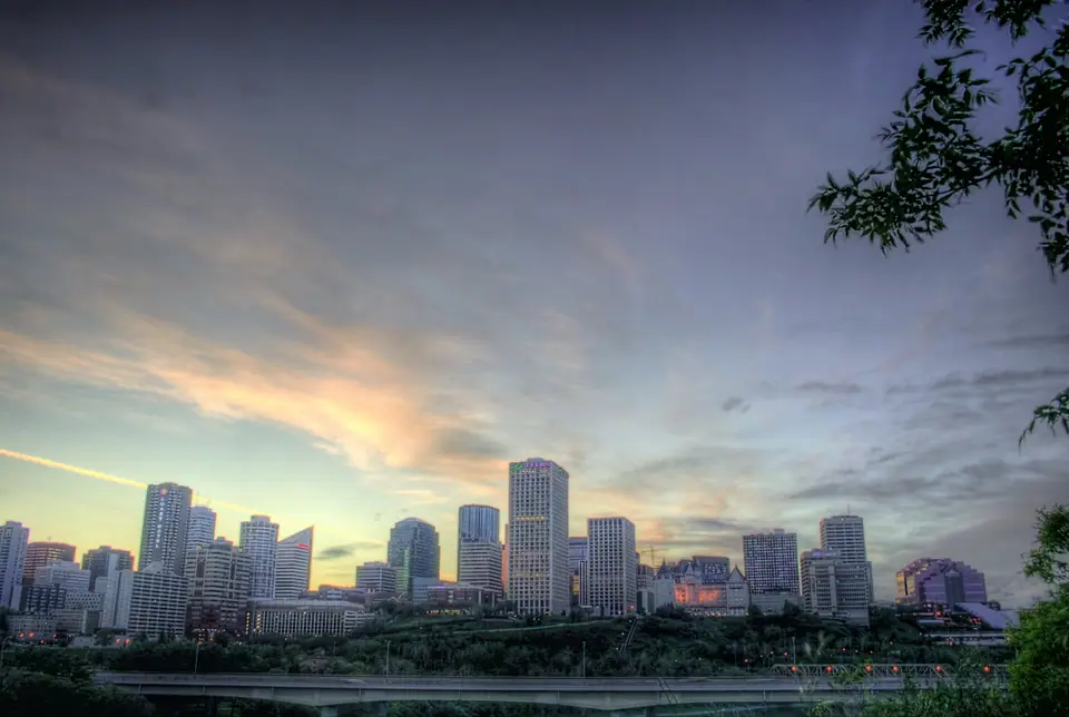 The downtown Edmonton skyline at dusk