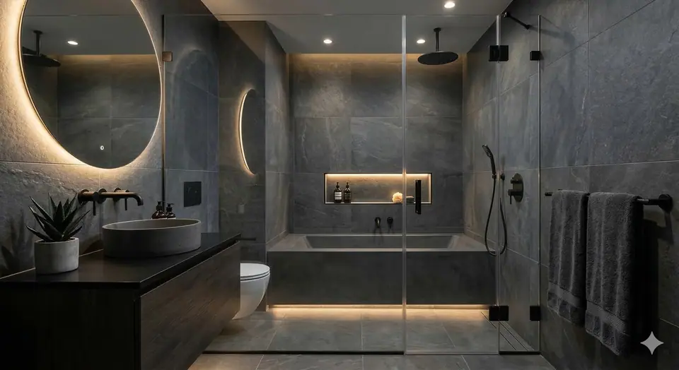 Design concept: a dark stone bathroom with a backlit round mirror, vessel sink and glass shower