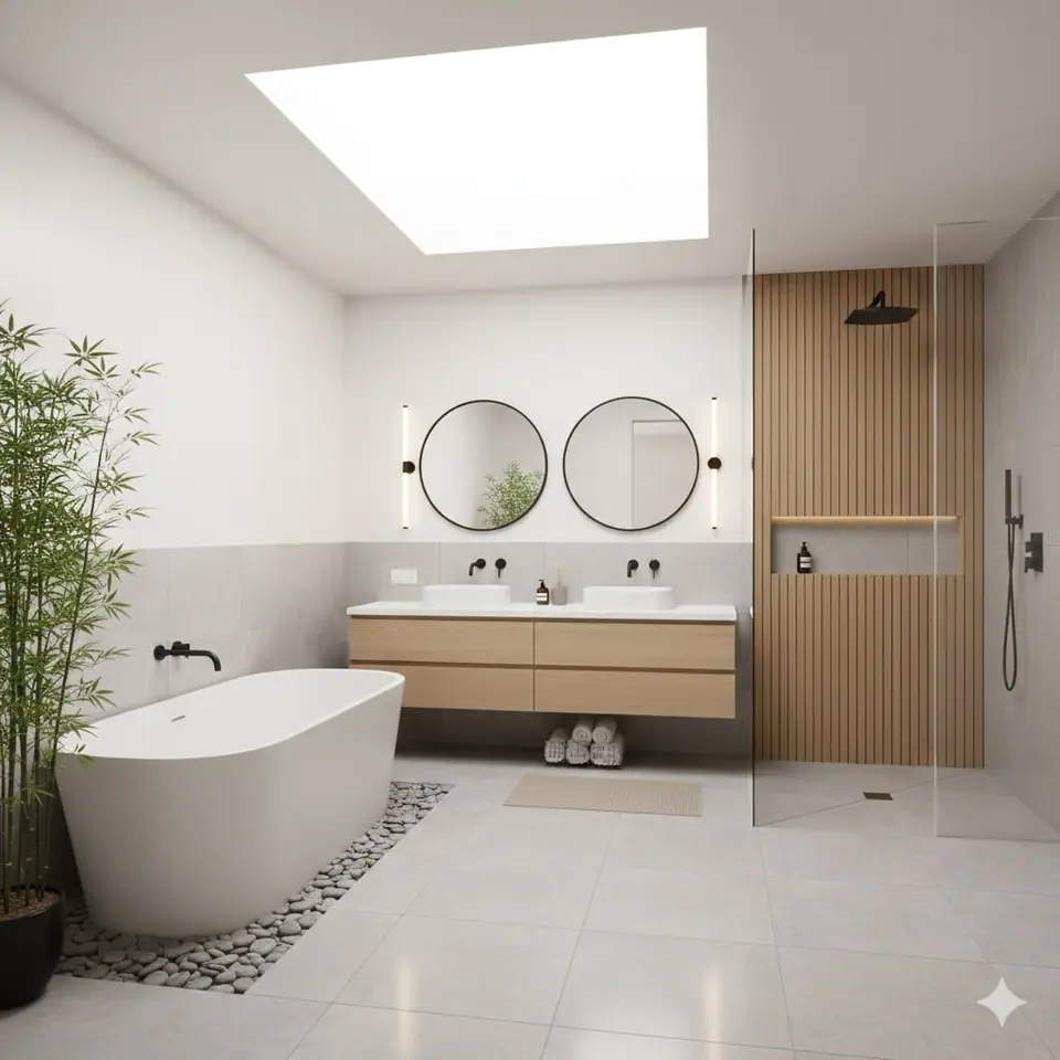 Design concept: a bright ensuite with a skylight, freestanding tub, double floating vanity and walk-in shower