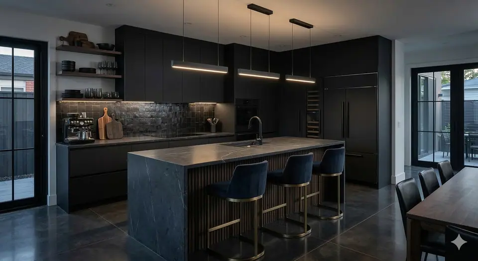 Design concept: a dark kitchen with a blue-grey waterfall island, linear pendant and bar stools