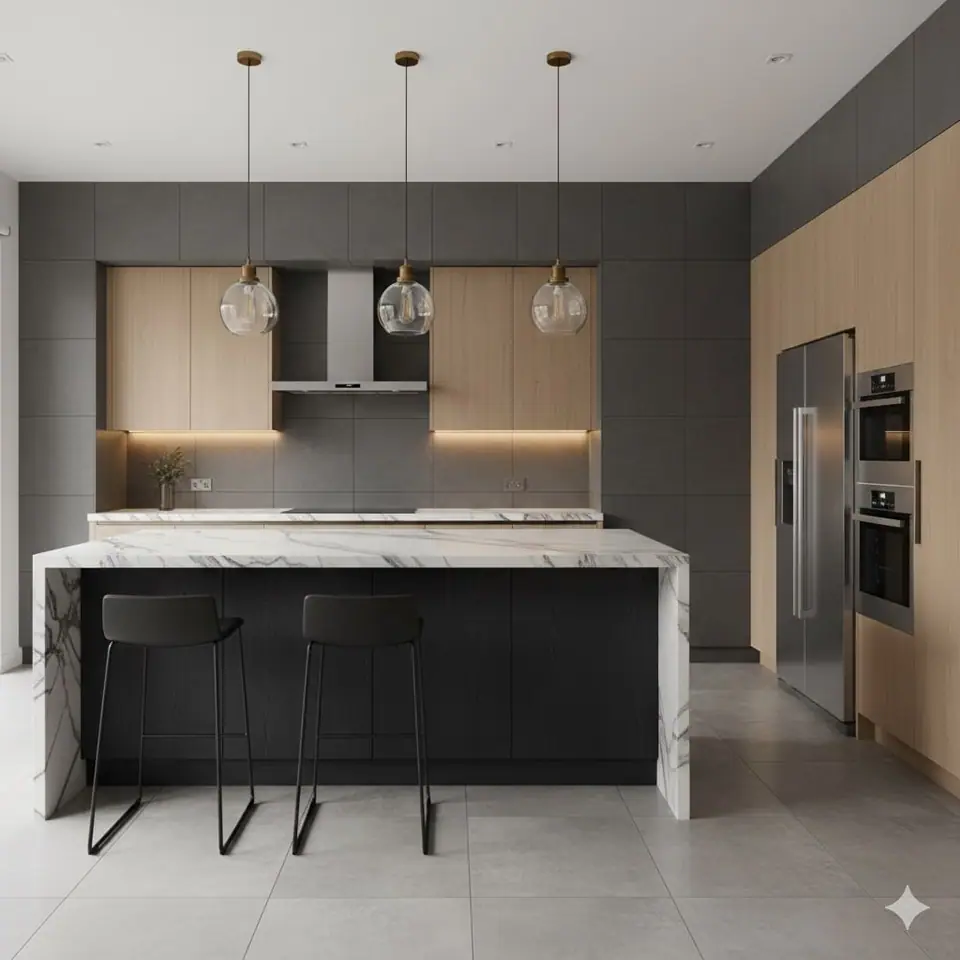 Design concept: a kitchen with oak upper cabinets, charcoal walls and a marble waterfall island