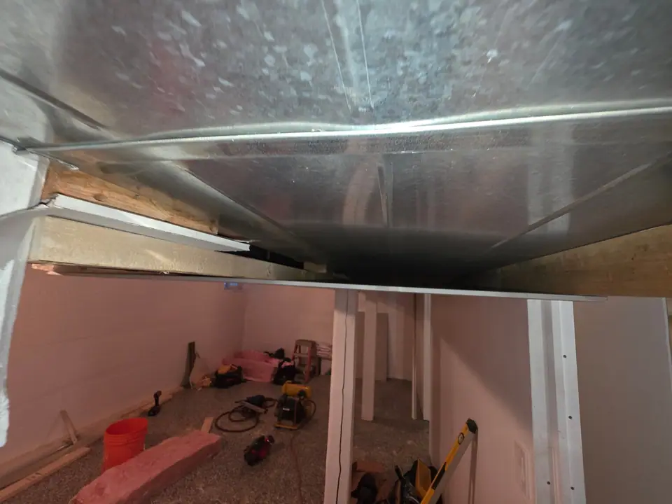 Basement ceiling: ductwork boxed in, bulkheads and drywall, photo 6 of 9 (in progress)