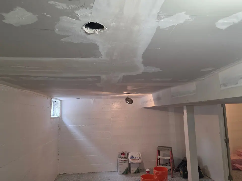 Basement ceiling: ductwork boxed in, bulkheads and drywall, photo 7 of 9 (in progress)
