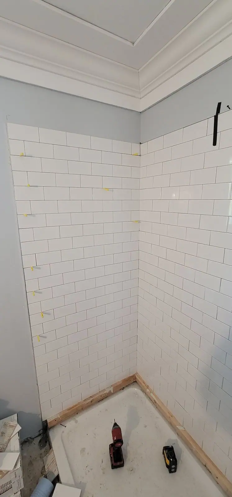 Subway tile shower, membrane to tile, photo 8 of 11 (in progress)
