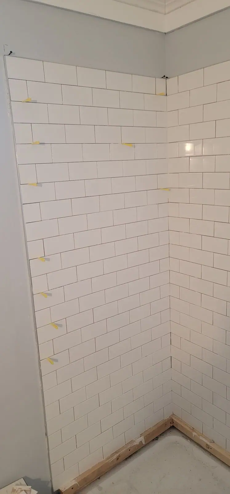 Subway tile shower, membrane to tile: Zenith job-site photo