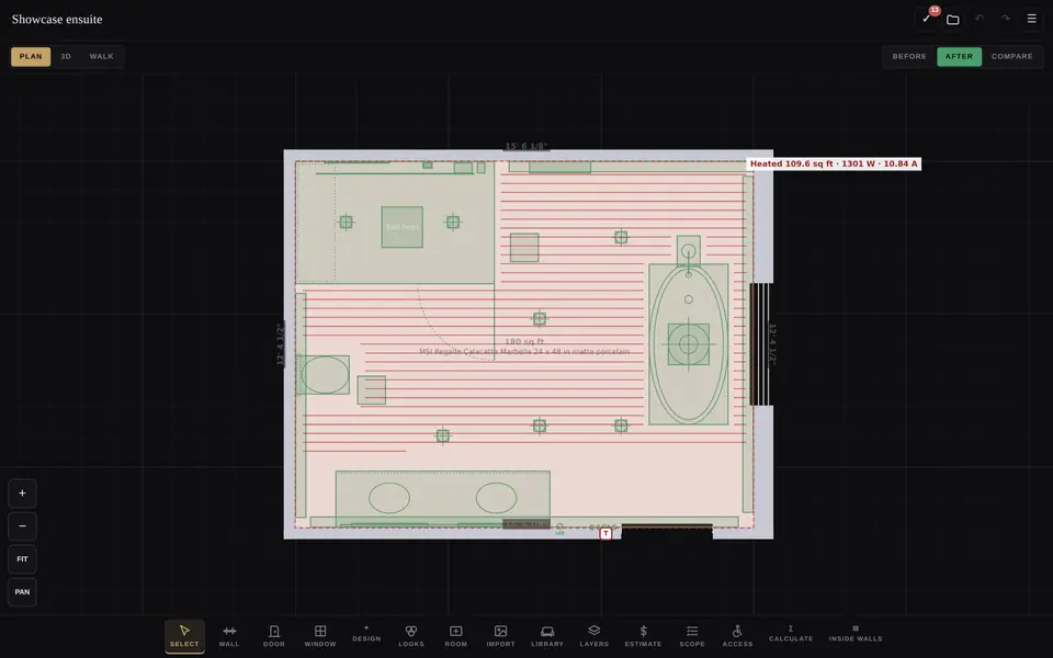 3D design screenshot: the plan, with the heated floor laid out in the walking area only.
