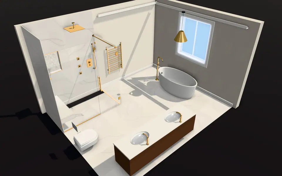 3D design screenshot: a luxury ensuite designed in our studio, with a curbless walk-in shower, a freestanding tub under the window and a double floating vanity.
