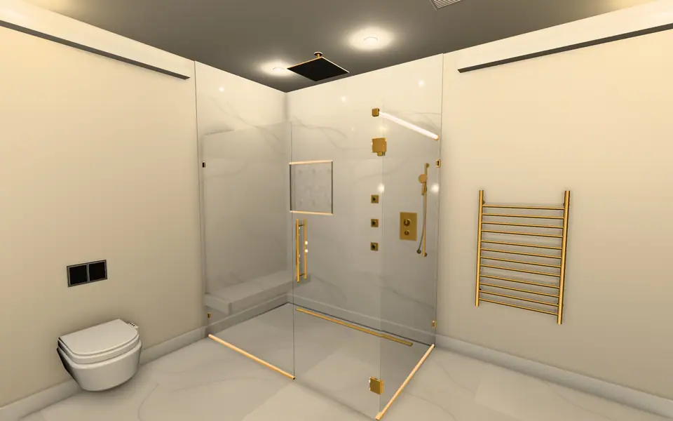 3D design screenshot: the walk-in shower, with a linear drain, a floating bench, an accent niche, frameless glass, a rain head and a thermostatic valve with body sprays.