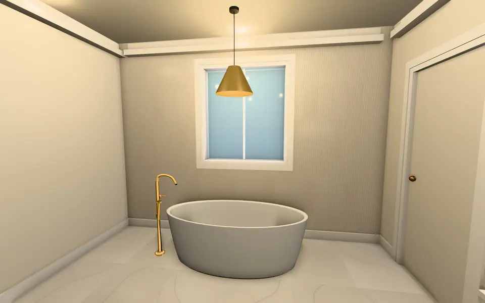 3D design screenshot: a freestanding tub and floor-mounted filler against a fluted feature wall.