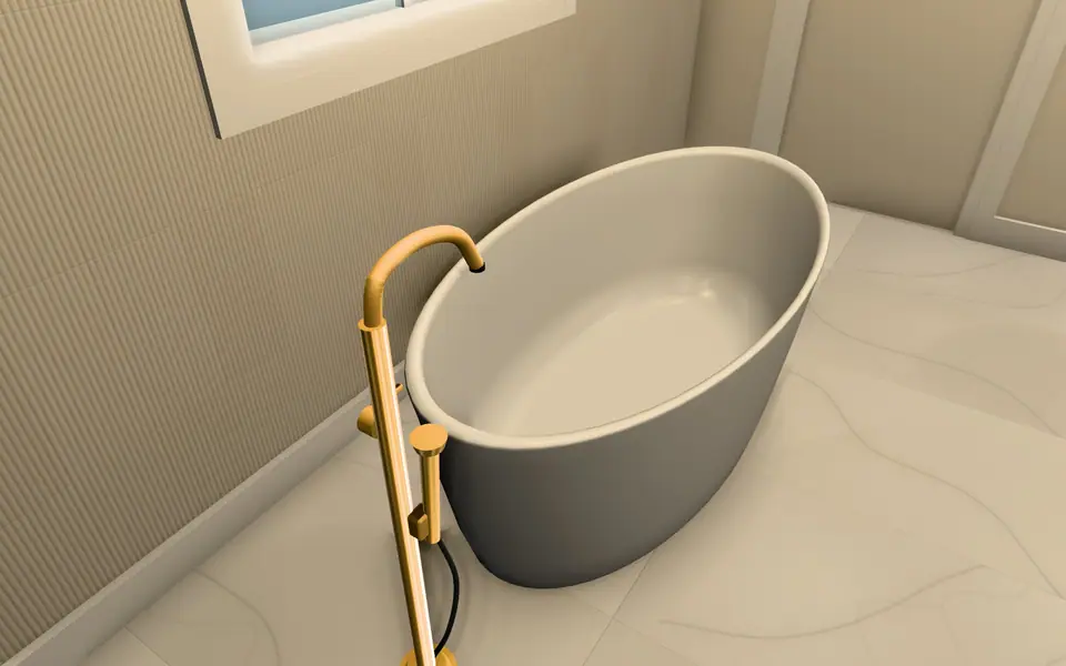 3D design screenshot: the floor-mounted tub filler at the end of the tub, its spout reaching over the rim into the tub.