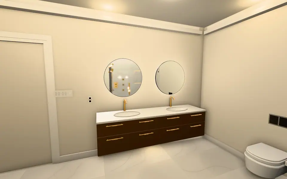 3D design screenshot: a walnut floating vanity with brushed-gold pulls and backlit mirrors, beside a wall-hung toilet.
