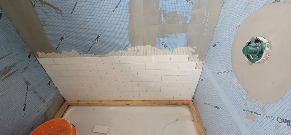 Subway tile shower, membrane to tile, photo 2 of 11 (in progress)